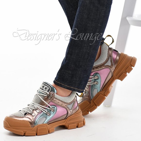 ⚡️SOLD! NEW GUCCI Flashtrek EU 39 / US 8.5 Metallic Leather SEGA Logo Sneakers - Picture 4 of 12